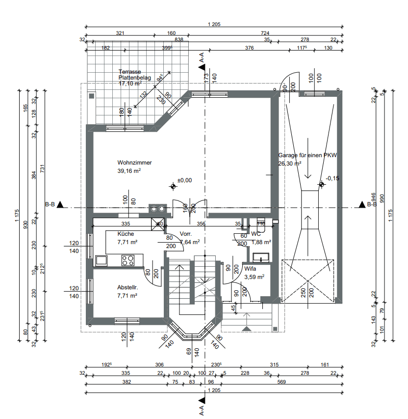 Grundriss des Erdgeschosses mit Wohnzimmer, Küche und Garage.