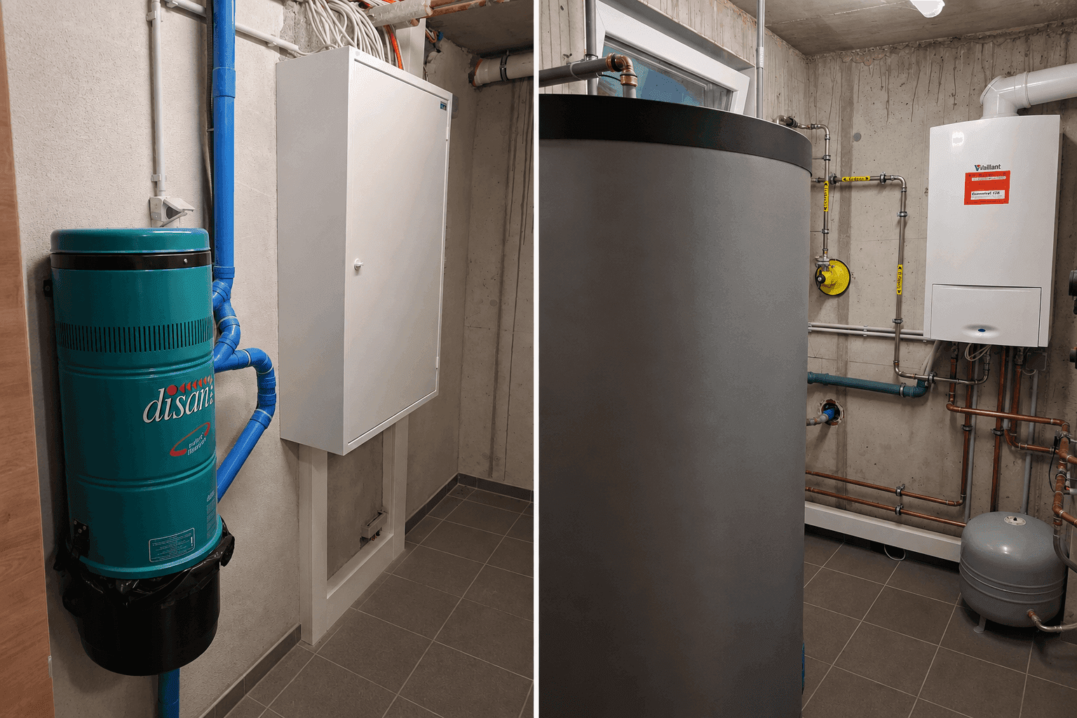 Technikraum mit Heizungsanlage, Warmwasserspeicher und zentraler Staubsaugeranlage.