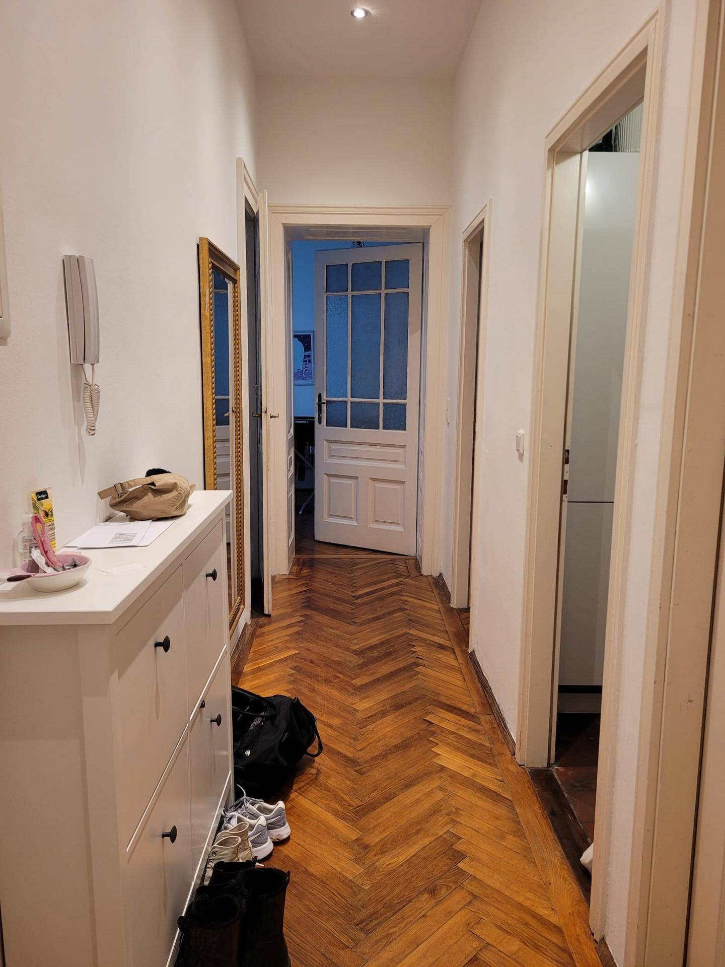 Langer Flur mit Fischgrätparkettboden, Schuhschrank und mehreren Türen zu angrenzenden Räumen.