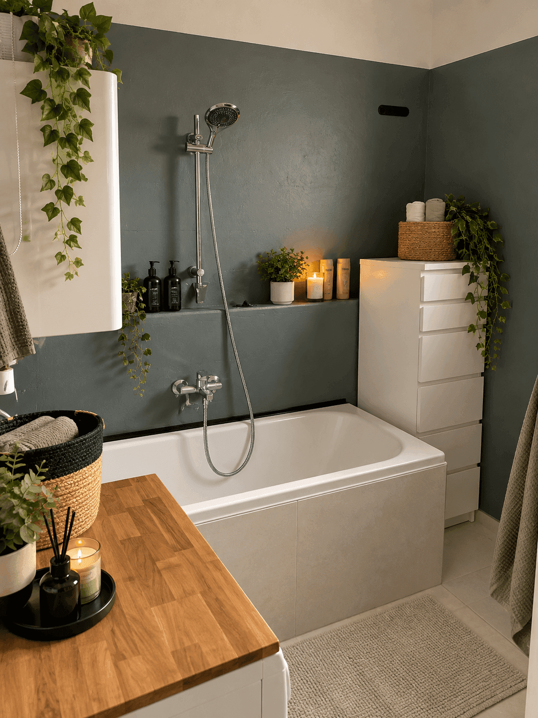 Modernes Badezimmer mit Badewanne, Dusche und Holzwaschtisch, stilvoll dekoriert mit Pflanzen.