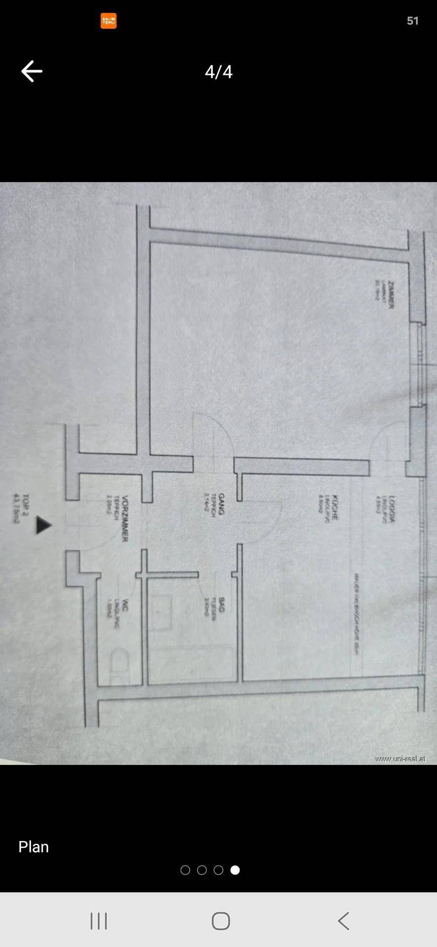 Grundrissplan zeigt die Aufteilung der Wohnung mit Wohnzimmer, Küche, Bad, WC und Loggia.