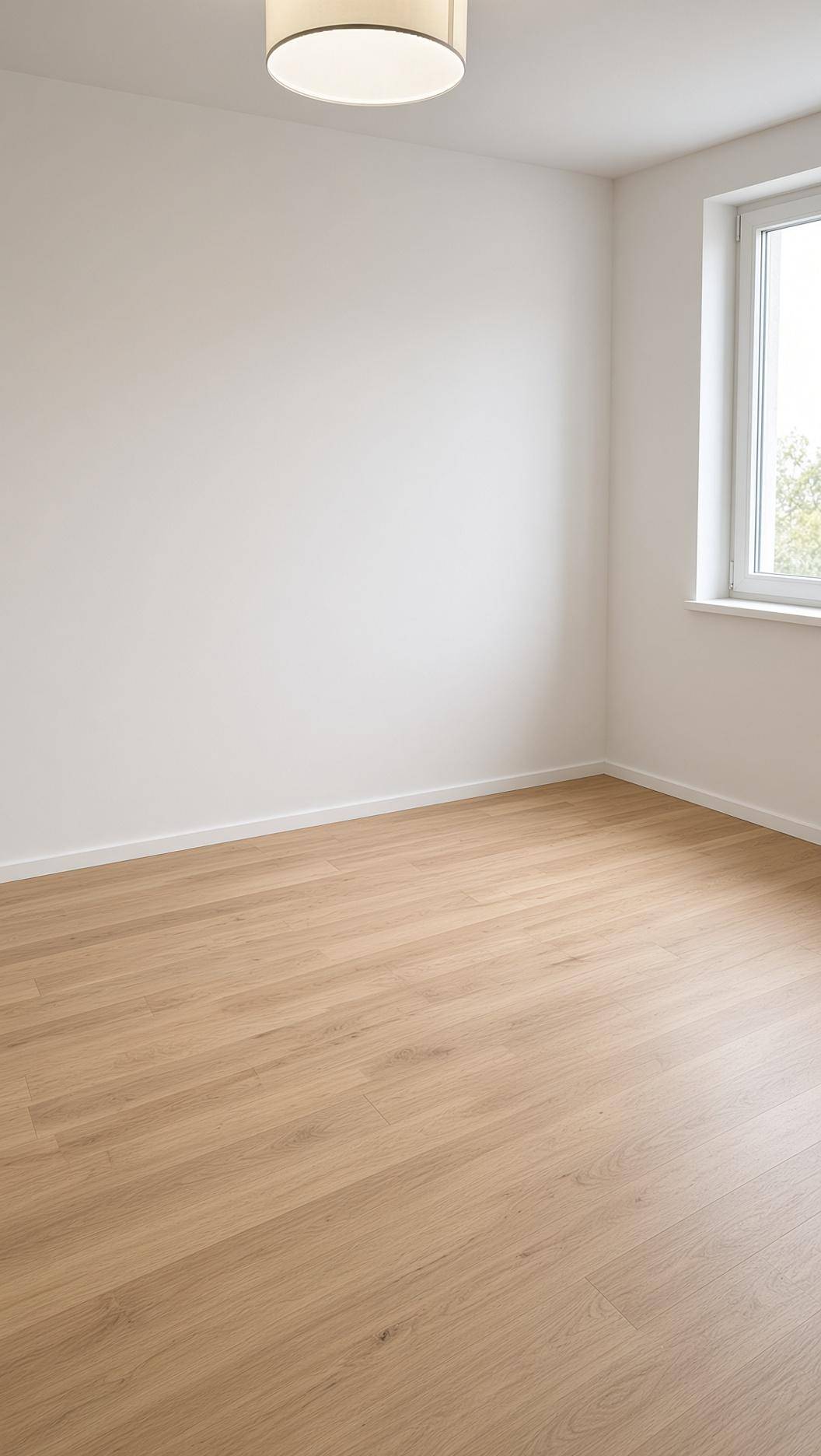Heller, leerer Raum mit modernem Laminatboden und großen Fenstern für viel Tageslicht.