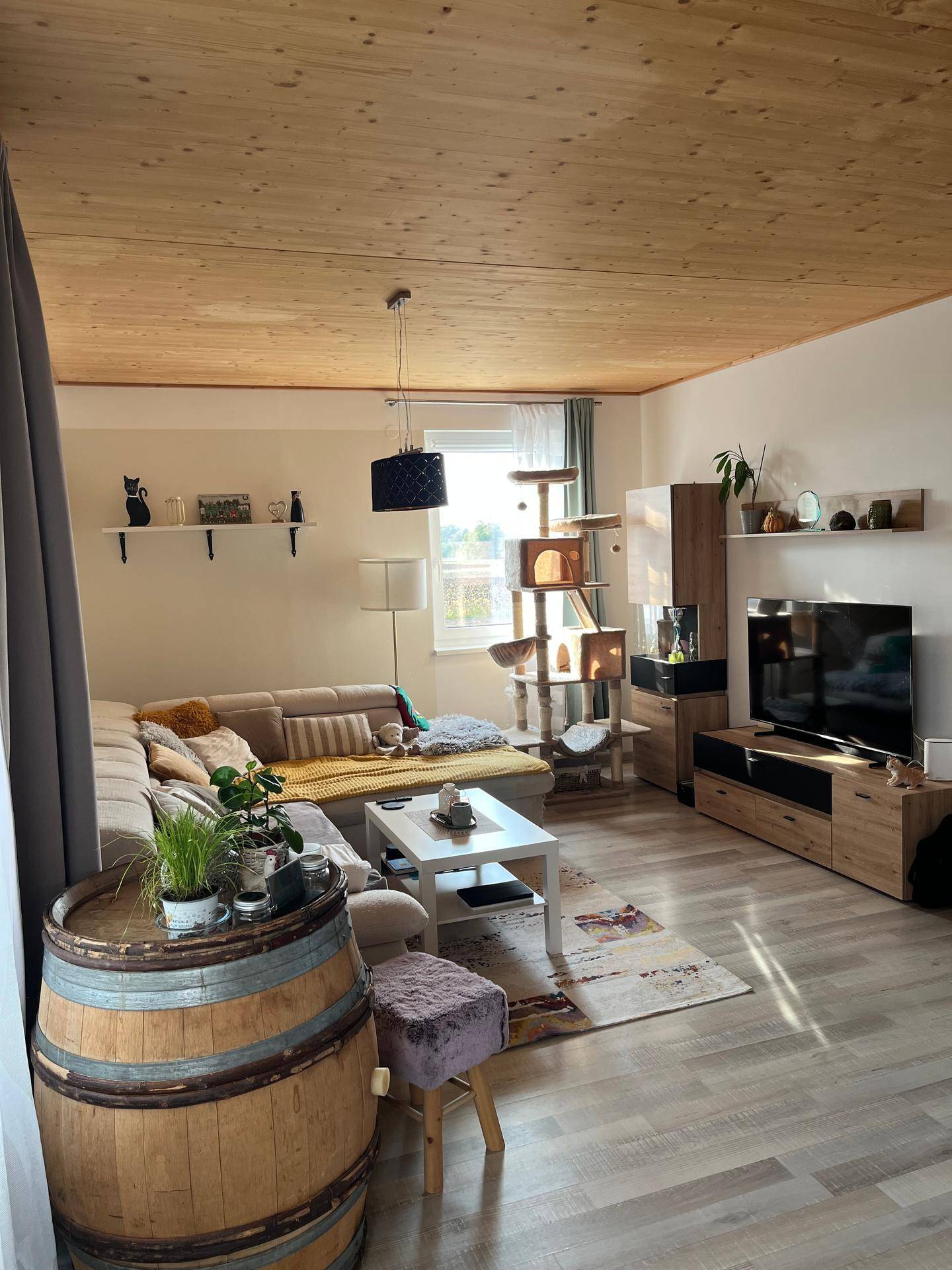 Heller Wohnbereich mit Ecksofa, Holzdecke und Blick auf den Fernseher und Dekoration.