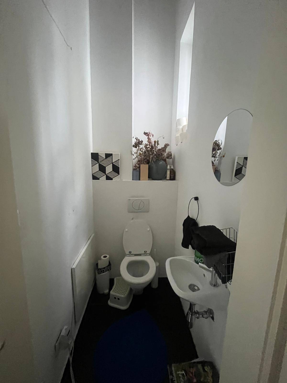 Schmale Gästetoilette mit Waschbecken, WC und einem kleinen Spiegel.