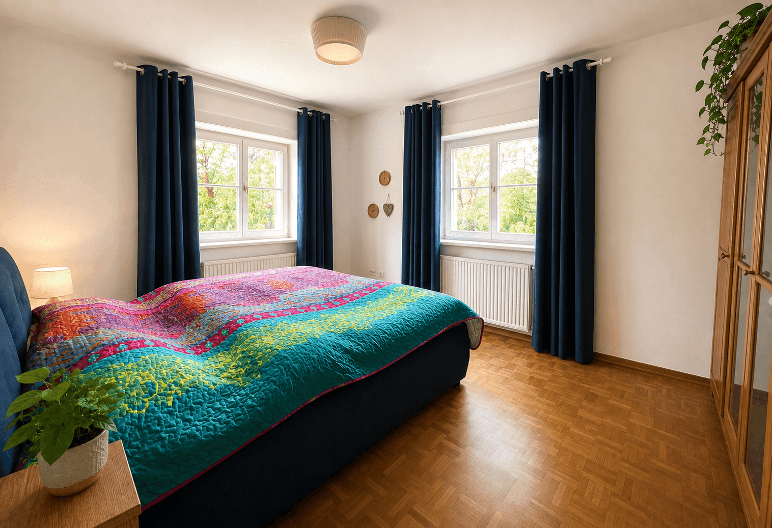 Geräumiges Schlafzimmer mit Doppelbett, Parkettboden und großen Fenstern mit Blick ins Grüne.