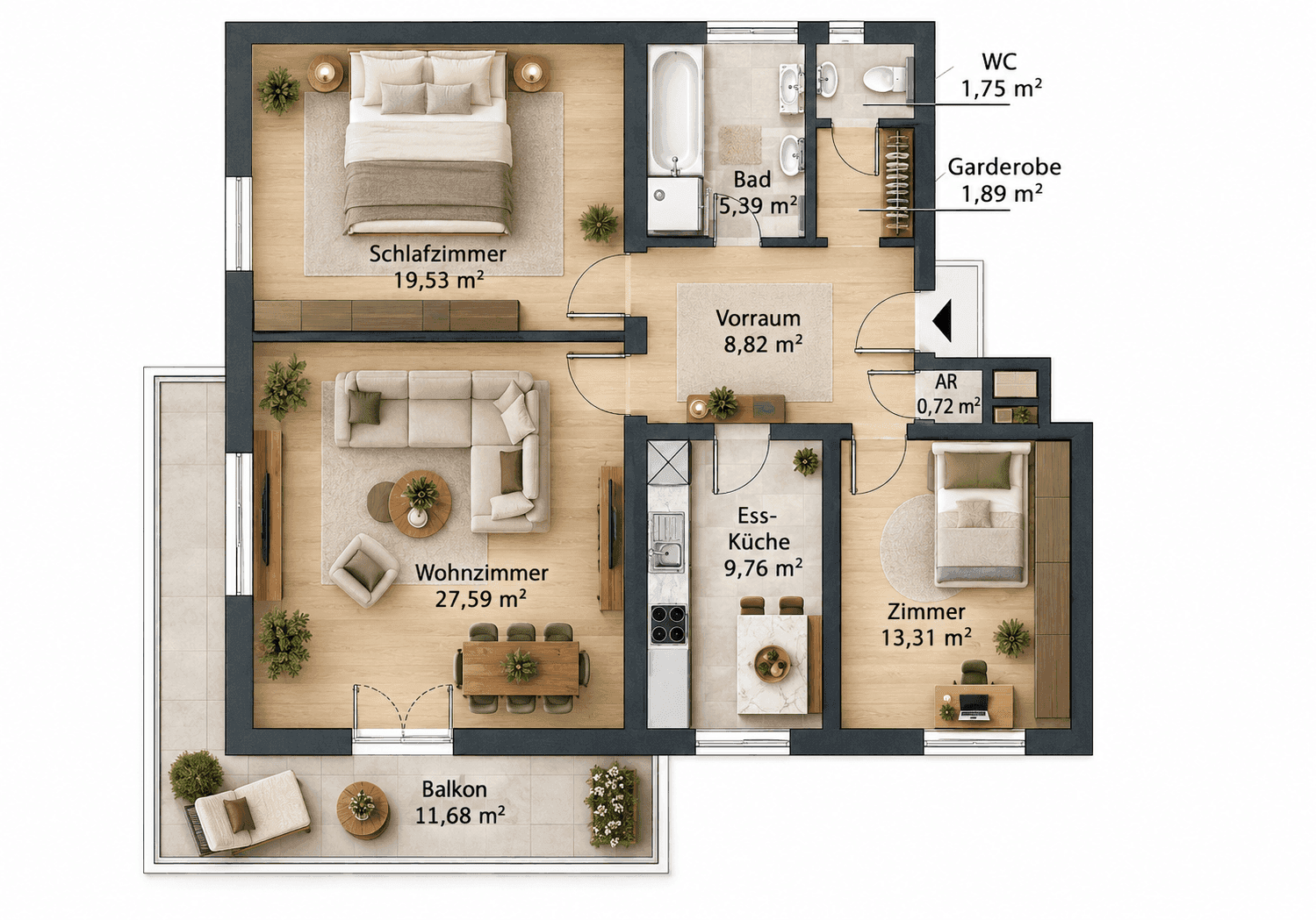Detaillierter Grundriss einer modernen Wohnung mit zwei Schlafzimmern, offenem Wohnbereich, Essküche und großem Balkon.
