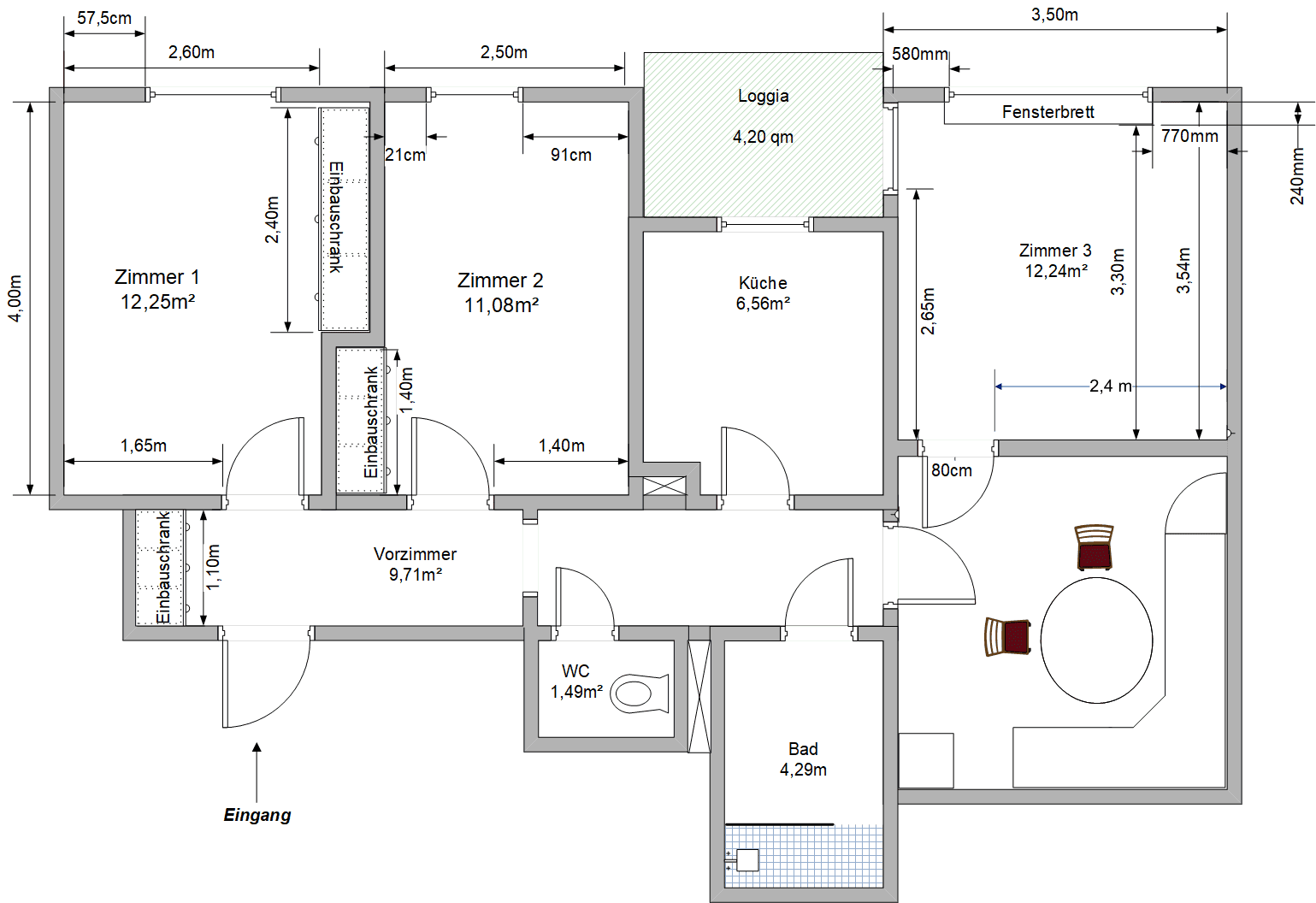 Detaillierter Grundriss der Wohnung mit Raumaufteilung, Flächenangaben und Loggia.