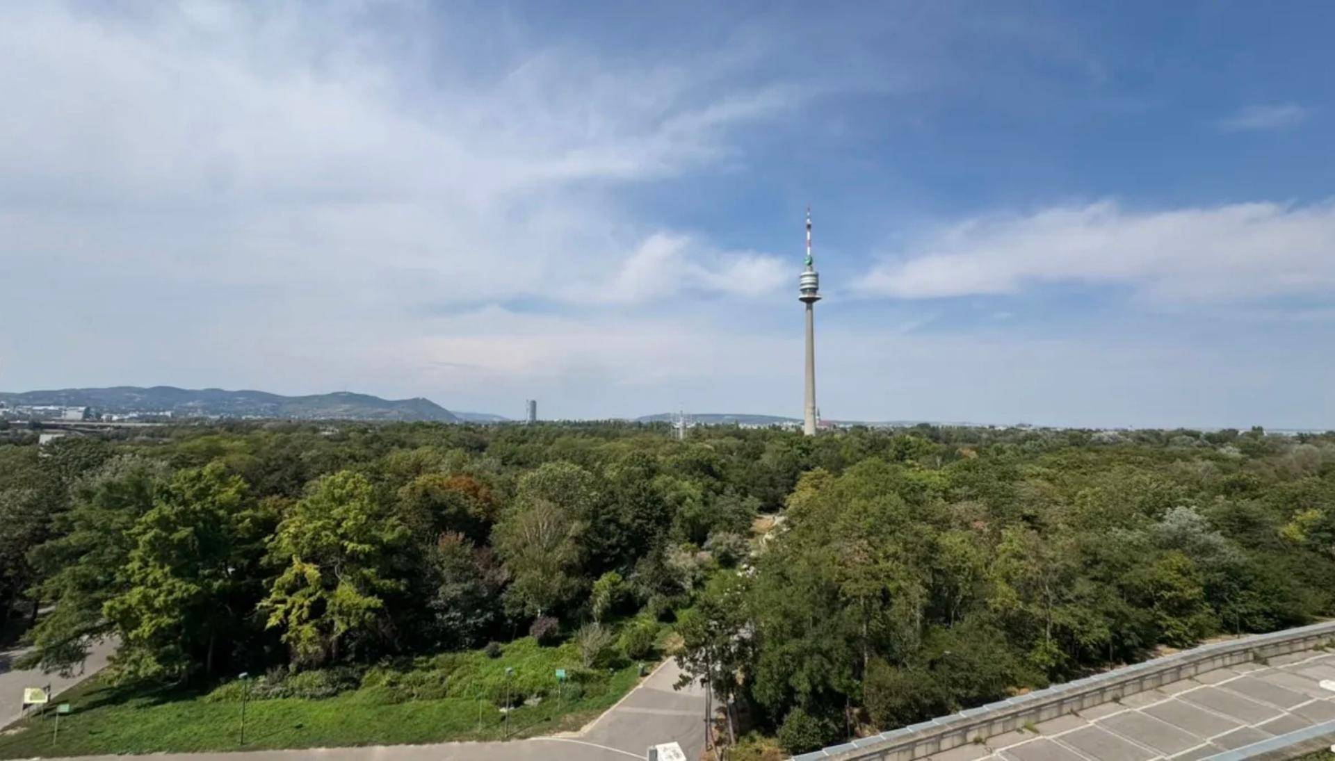 Panoramablick über eine grüne Parklandschaft mit dem Donauturm am Horizont unter blauem Himmel.