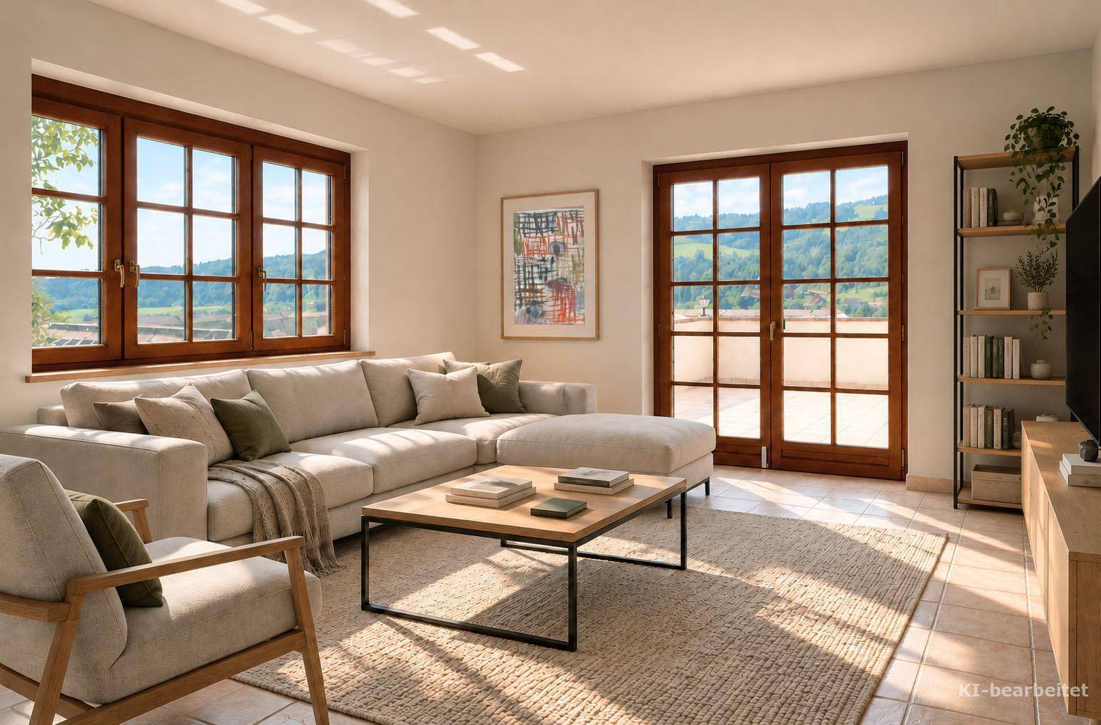 Helles Wohnzimmer mit bequemem Sofa, modernem Couchtisch und Bücherregal, mit Blick ins Grüne.