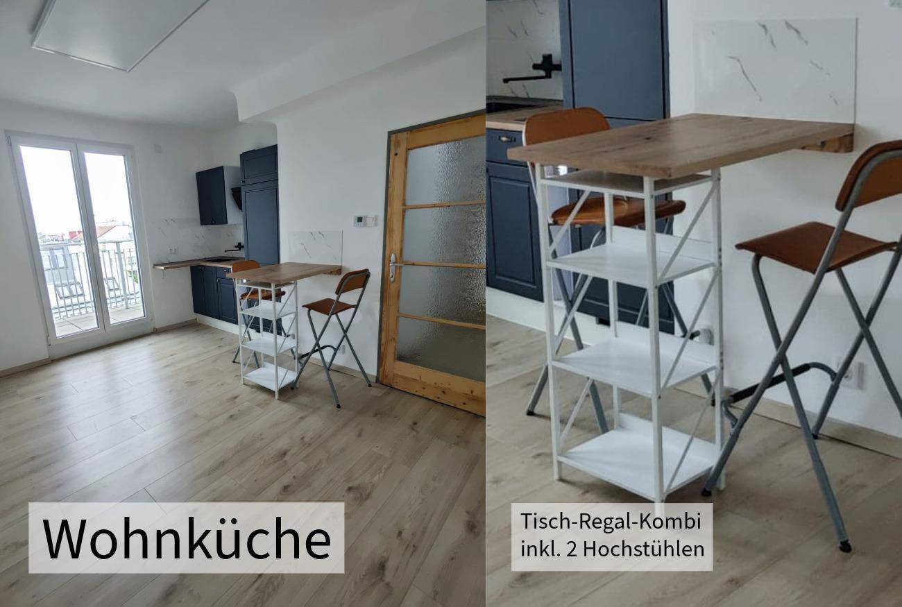Helle Wohnküche mit integrierter Küchenzeile, Esstisch und Zugang zum Balkon.