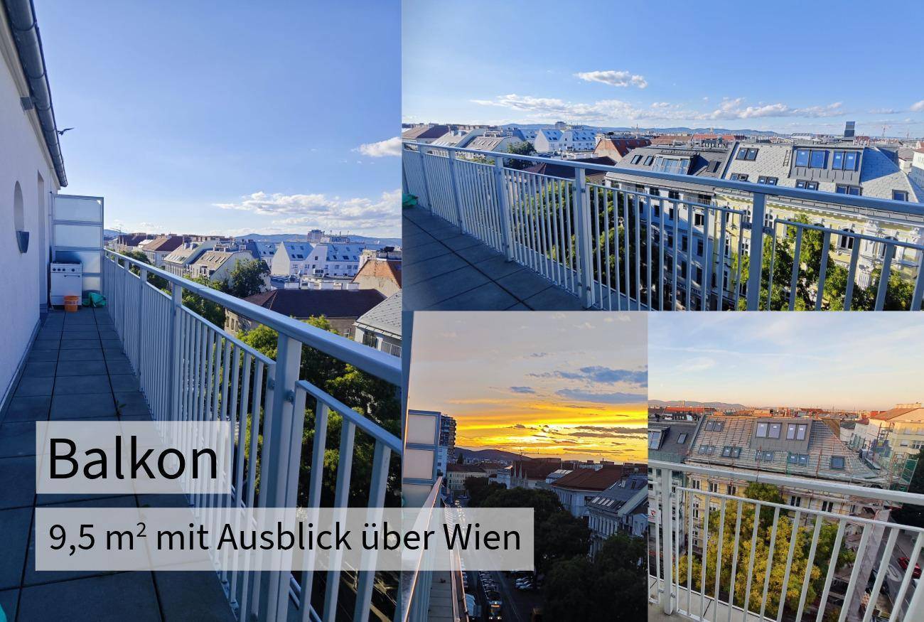 Großer Balkon mit weitem Ausblick über die Stadt Wien und Sonnenuntergang.