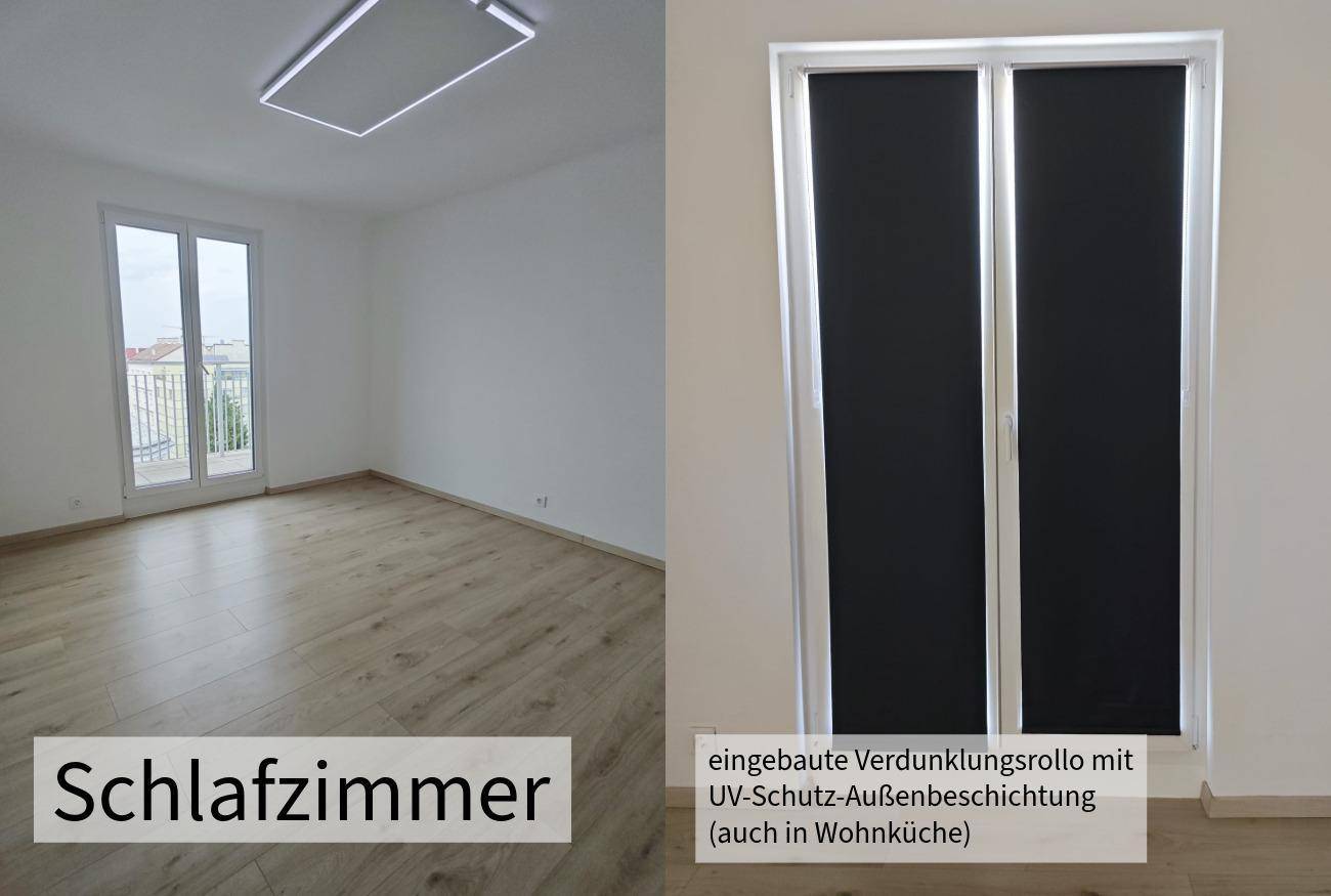 Helles Schlafzimmer mit Laminatboden, großen Fenstern und integriertem Verdunklungsrollo.