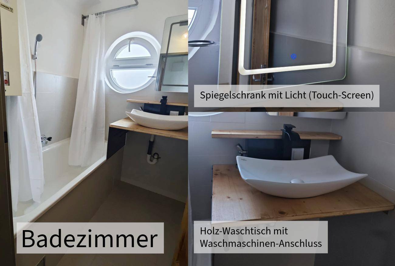 Modernes Badezimmer mit Badewanne, Holzwaschtisch, Spiegelschrank und runden Fenstern.