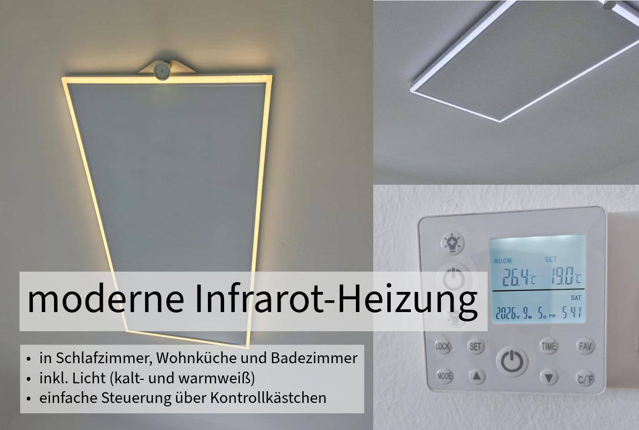 Moderne Infrarot-Heizpaneele mit integriertem Licht und digitaler Steuerung.