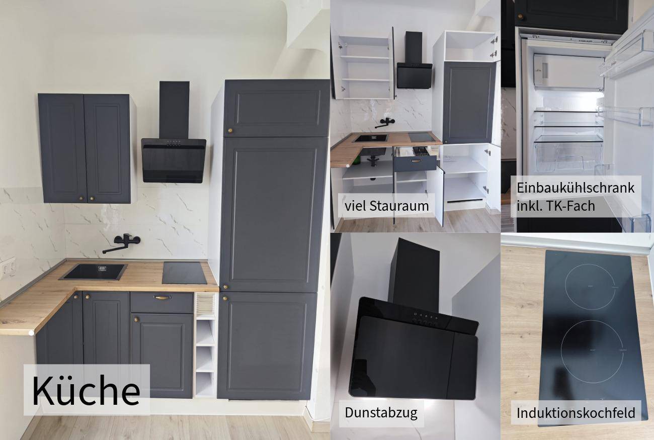 Moderne Einbauküche mit dunklen Schränken, Holz-Arbeitsplatte und Induktionskochfeld.