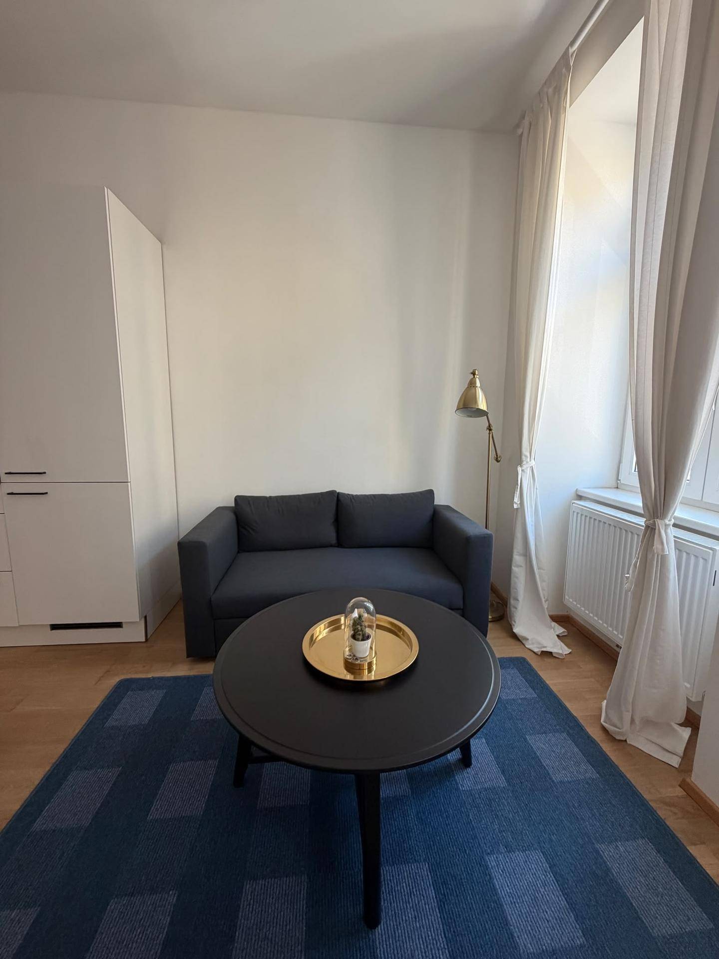 Gemütlicher Wohnbereich mit Sofa, Couchtisch und hellem Fenster, ergänzt durch einen blauen Teppich.