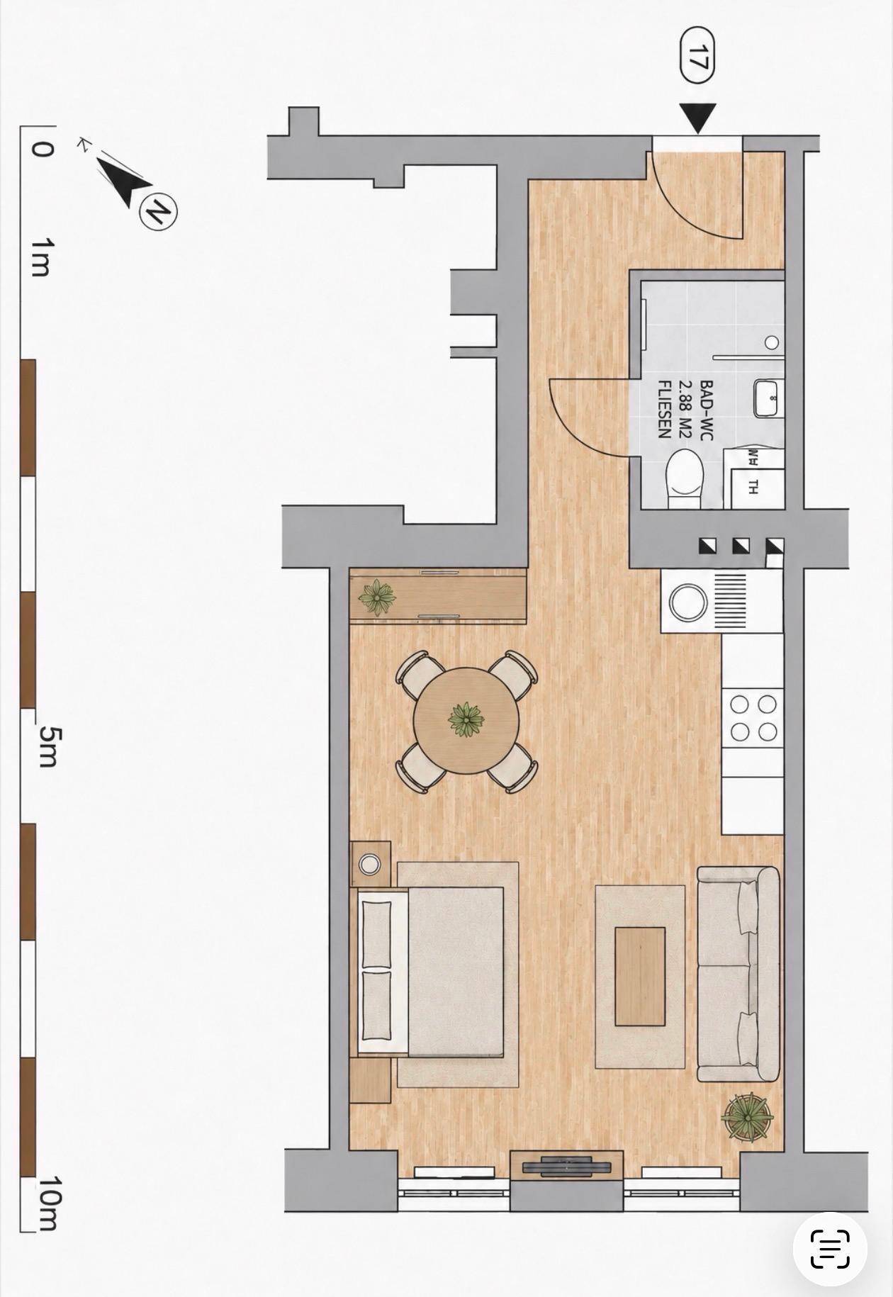 Detaillierter Grundriss des Apartments mit offener Raumaufteilung und separatem Badezimmer.