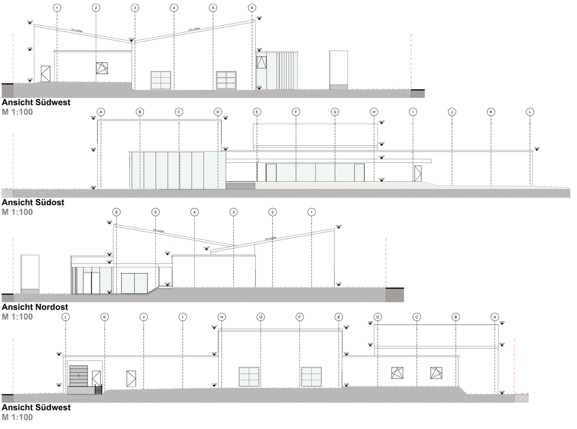 Architektonische Ansichten des Gebäudes aus verschiedenen Himmelsrichtungen mit Maßstab 1:100.