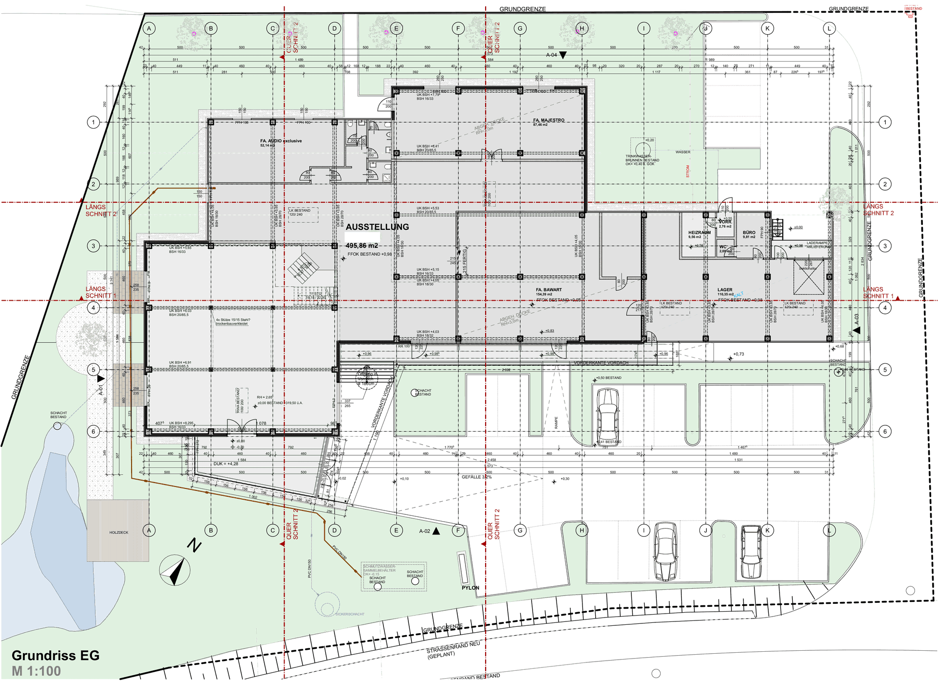 Detaillierter Grundriss des Erdgeschosses mit Raumaufteilung, Parkplätzen und Außenanlagen.