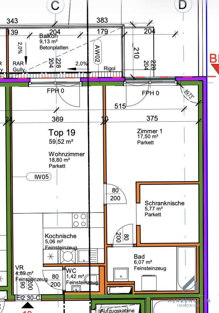 Detaillierter Grundriss der Wohnung Top 19 mit Wohnzimmer, Kochnische und Bad.