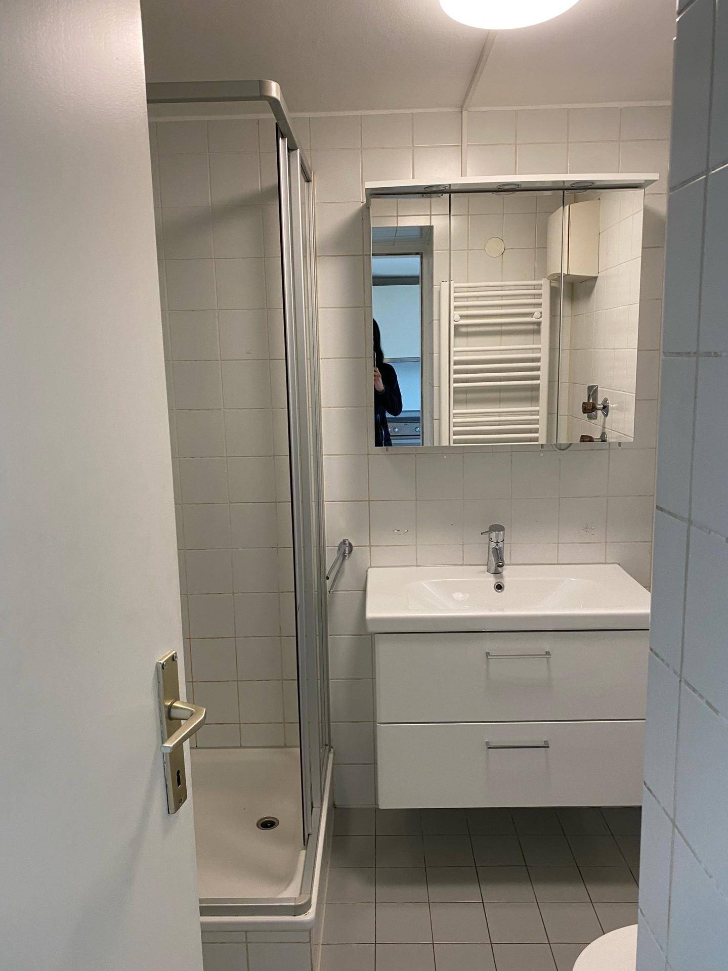 Modernes Badezimmer mit Duschkabine, Waschbecken, Spiegelschrank und Handtuchheizkörper.
