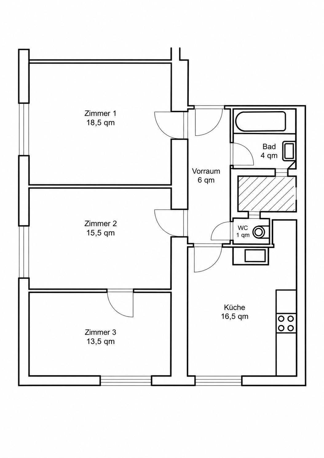 Grundrissplan mit drei Zimmern, separater Küche, Bad und WC, ideal für Familien.