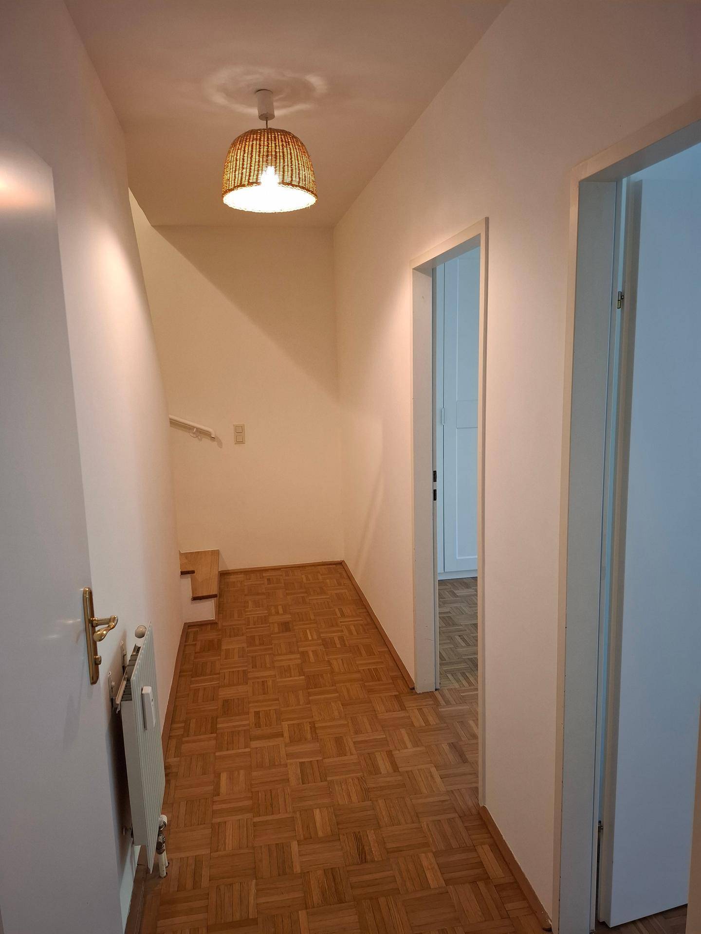 Langer Flur mit Parkettboden und Zugang zu weiteren Räumen, beleuchtet von einer Deckenlampe.