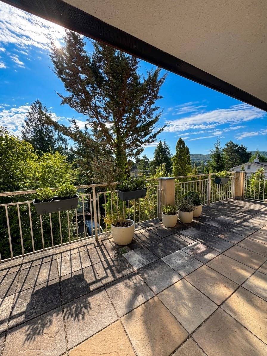 Sonnige Terrasse mit Fliesenboden, Topfpflanzen und weitem Blick ins Grüne und auf die Berge.