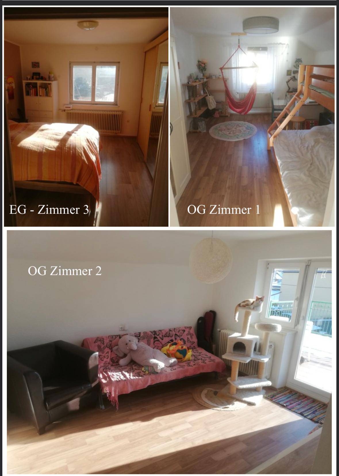 Drei Schlafzimmeransichten, darunter ein Kinderzimmer mit Etagenbett und ein Raum mit Sofa und Katzenbaum.