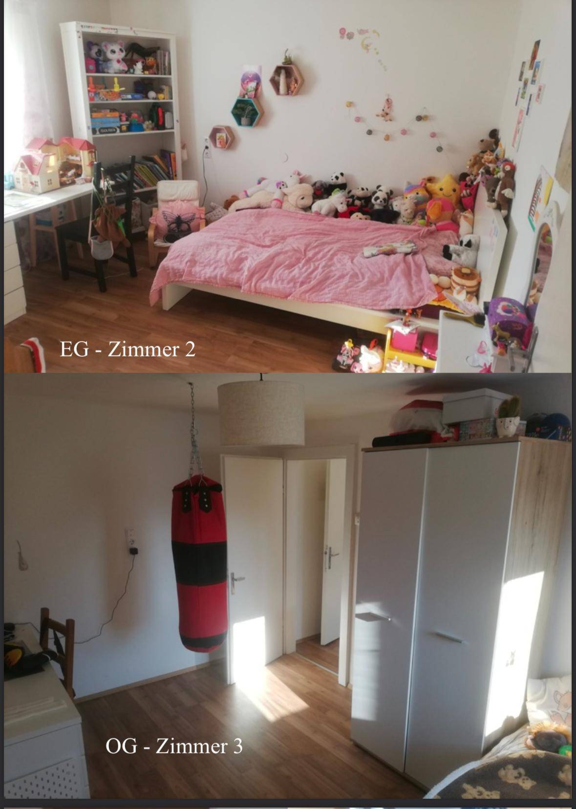 Zwei Schlafzimmer, eines als Kinderzimmer mit Spielzeug, das andere mit Boxsack und Kleiderschränken.