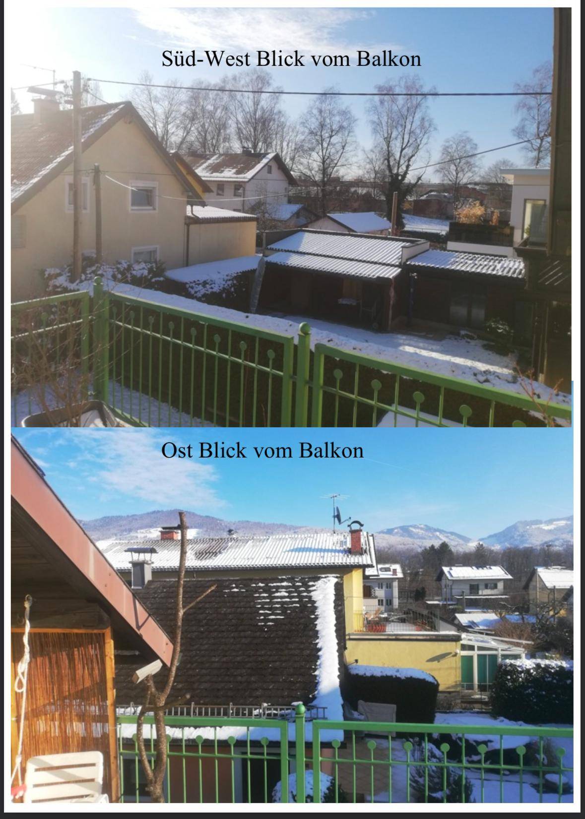 Zwei Ausblicke vom Balkon, einmal nach Süd-Westen über verschneite Häuser und einmal nach Osten mit Bergblick.