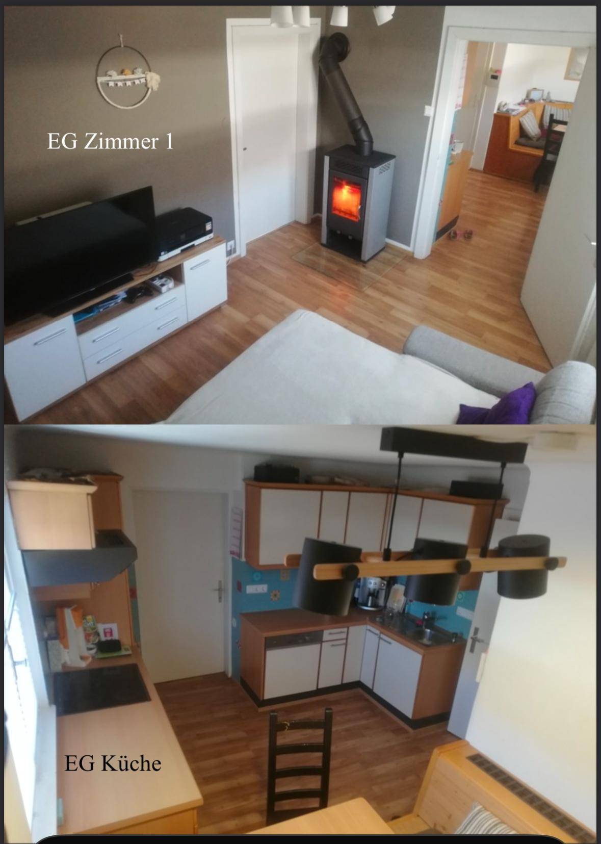Wohnzimmer mit Holzofen und Fernsehmöbeln sowie eine Küche mit Holzschränken und blauen Fliesen.