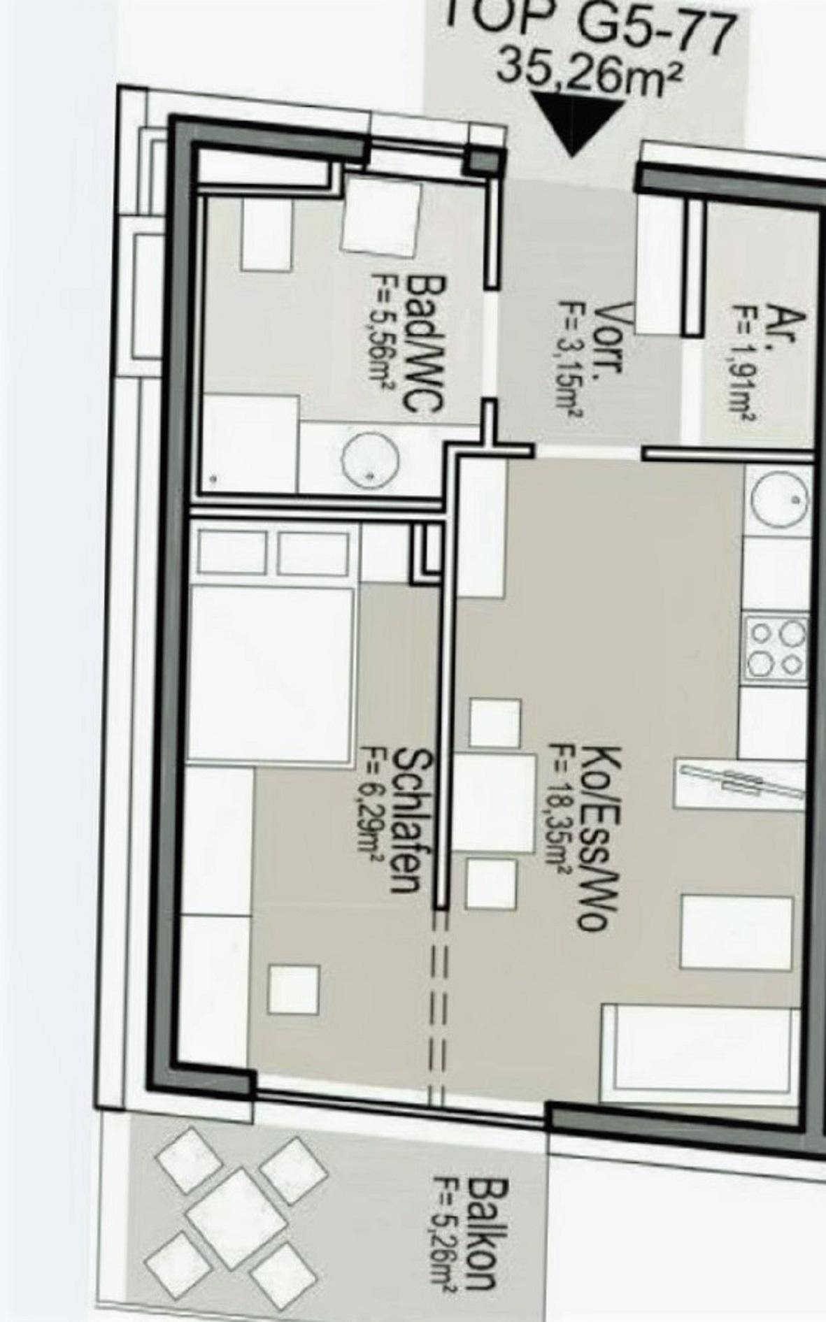 Detaillierter Grundriss einer Wohnung mit Schlafzimmer, Bad, offenem Wohnbereich und Balkon.