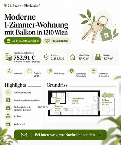 1-Zimmer-Wohnung mit Balkon, 36 m², Floridsdorf, Floridsdorf