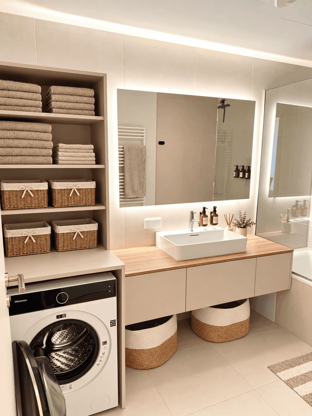 Modernes Badezimmer mit großem beleuchtetem Spiegel, Waschmaschine und viel Stauraum.