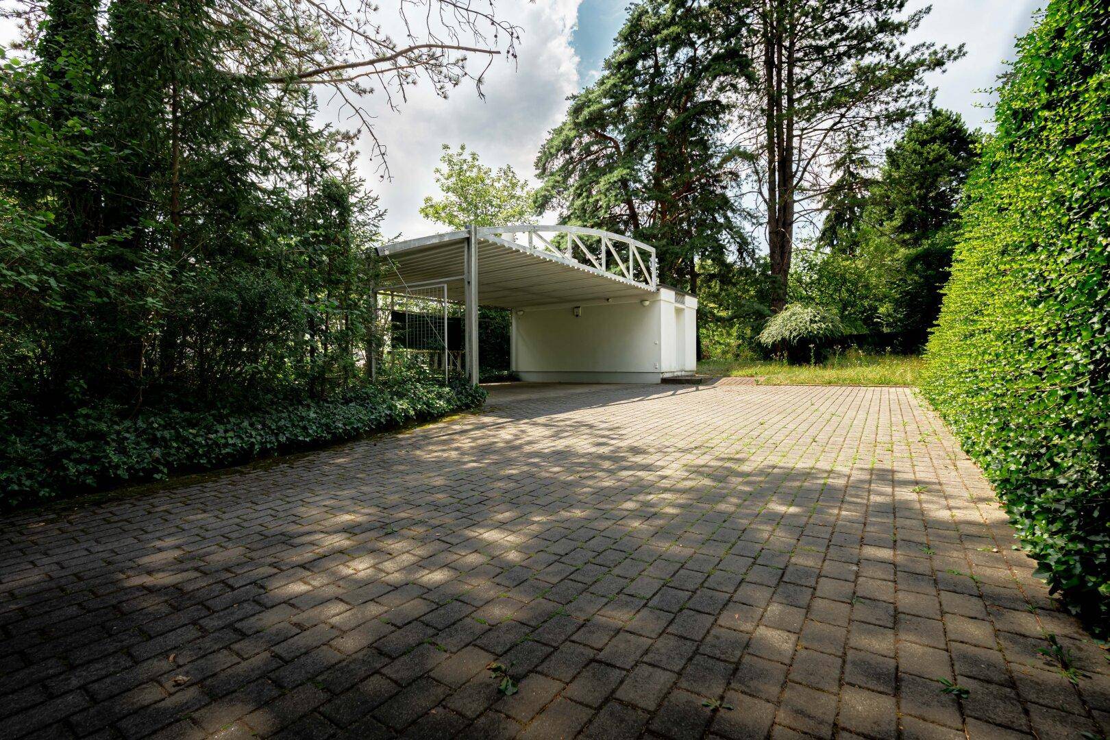 Geräumiger gepflasterter Hof mit Carport und viel Grün, umgeben von hohen Bäumen und Hecken.