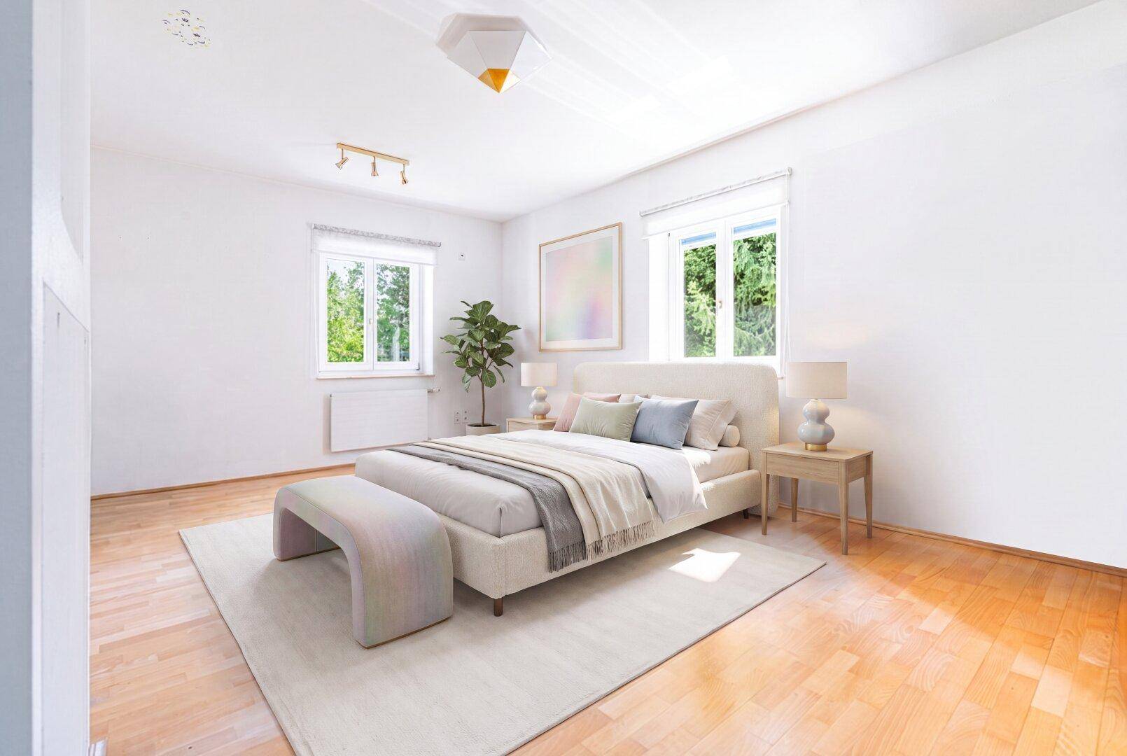 Modern eingerichtetes Schlafzimmer mit Holzboden, großem Bett und zwei Fenstern für viel Tageslicht.