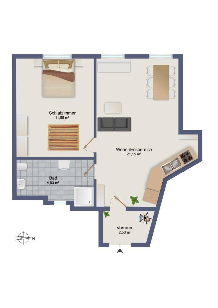 Grundriss einer Wohnung mit Schlafzimmer, Bad und offenem Wohn-/Essbereich, übersichtlich dargestellt.