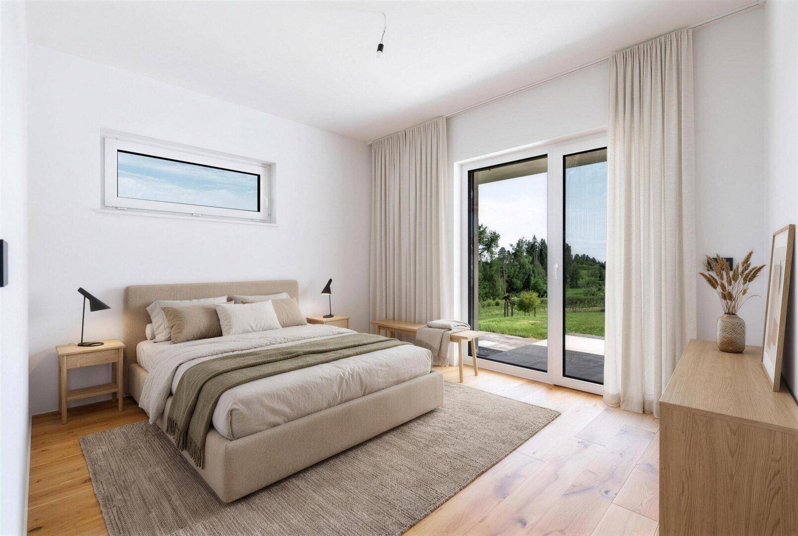 Helles Schlafzimmer mit Holzboden, großem Fenster und Zugang zur Terrasse oder Garten.