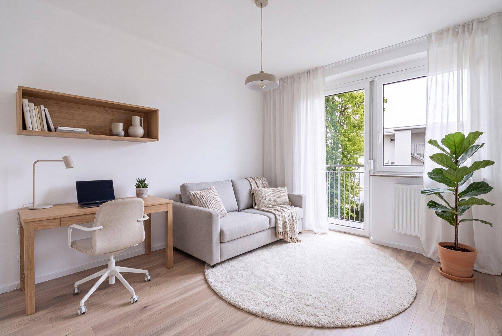 Helles Zimmer mit Schreibtisch, Sofa, Holzboden und Zugang zu einem französischen Balkon.