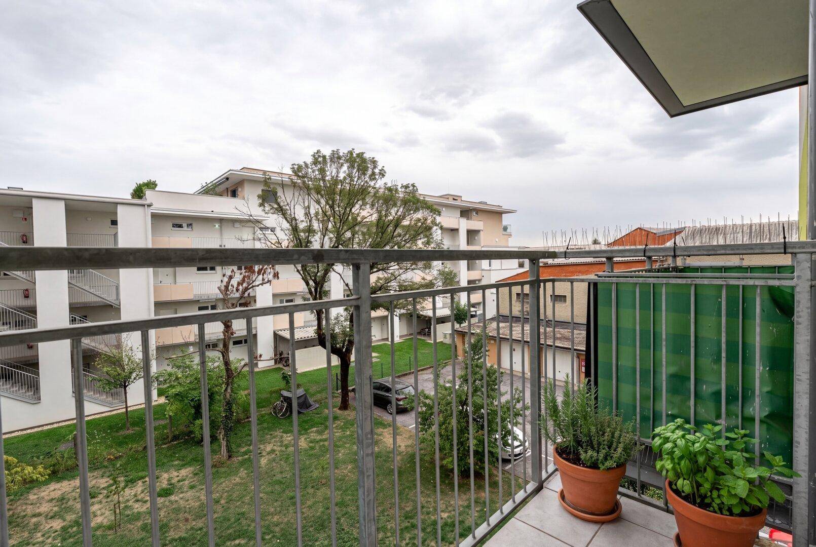 Balkon mit Blick auf eine grüne Gemeinschaftsfläche und weitere Wohngebäude der Anlage.