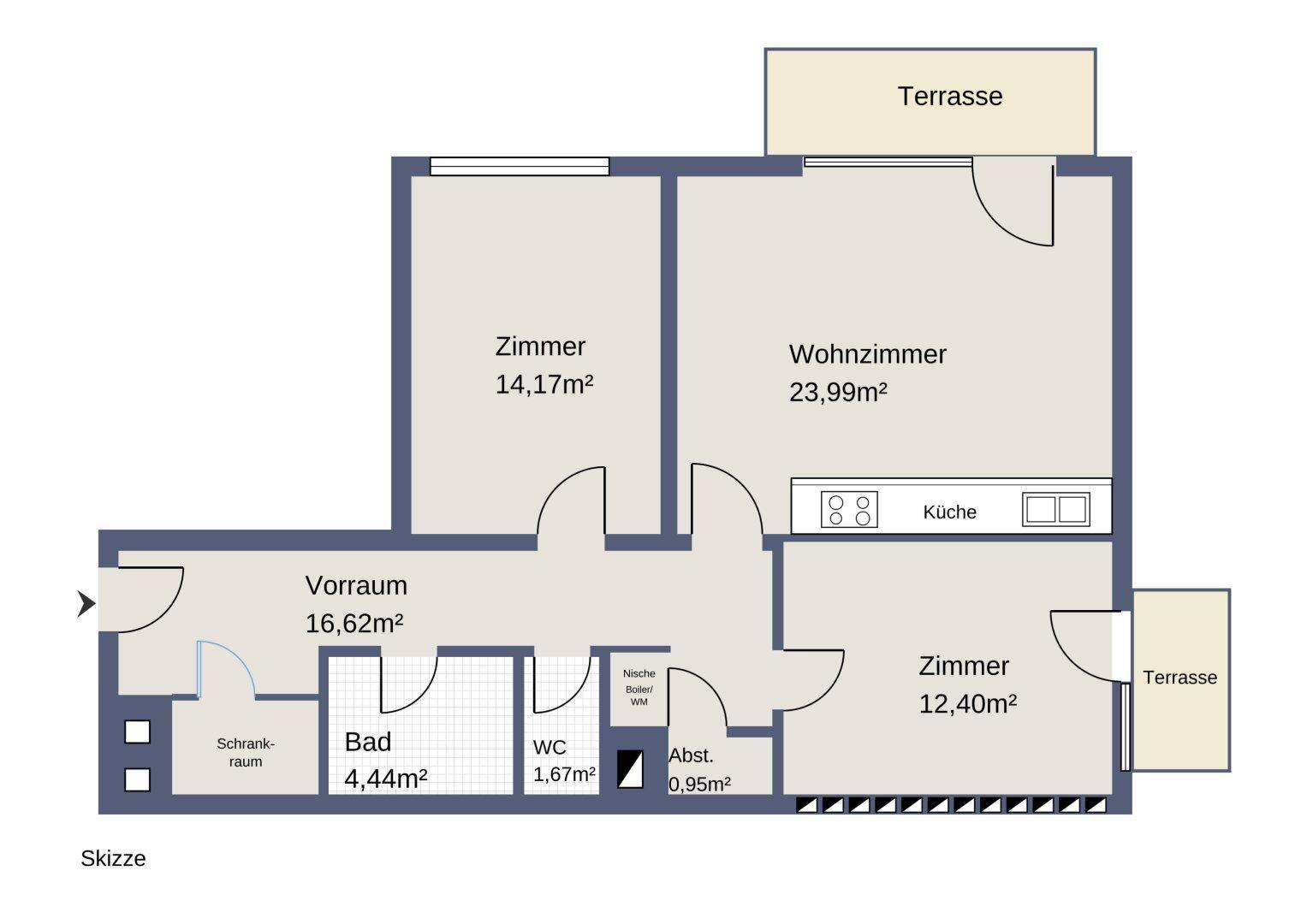 Detaillierter Grundriss der Wohnung mit Zimmern, Bad, WC und zwei Terrassen.