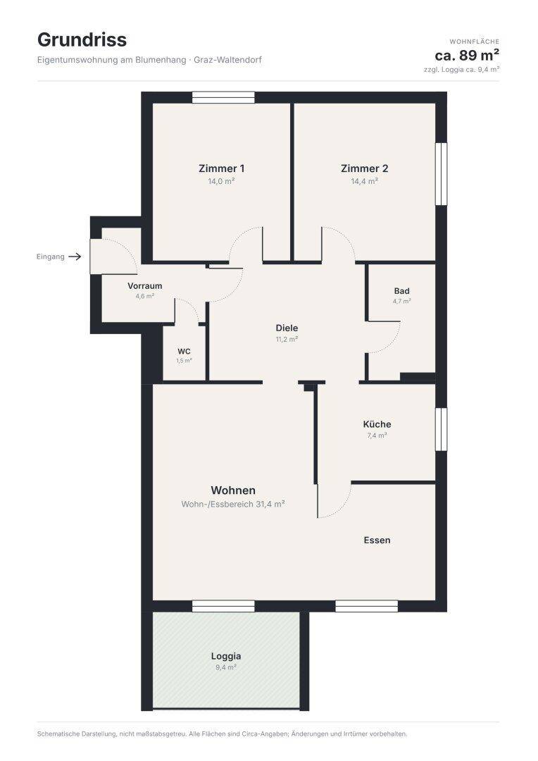Grundriss der Wohnung mit zwei Schlafzimmern, Wohn-Essbereich und Loggia.