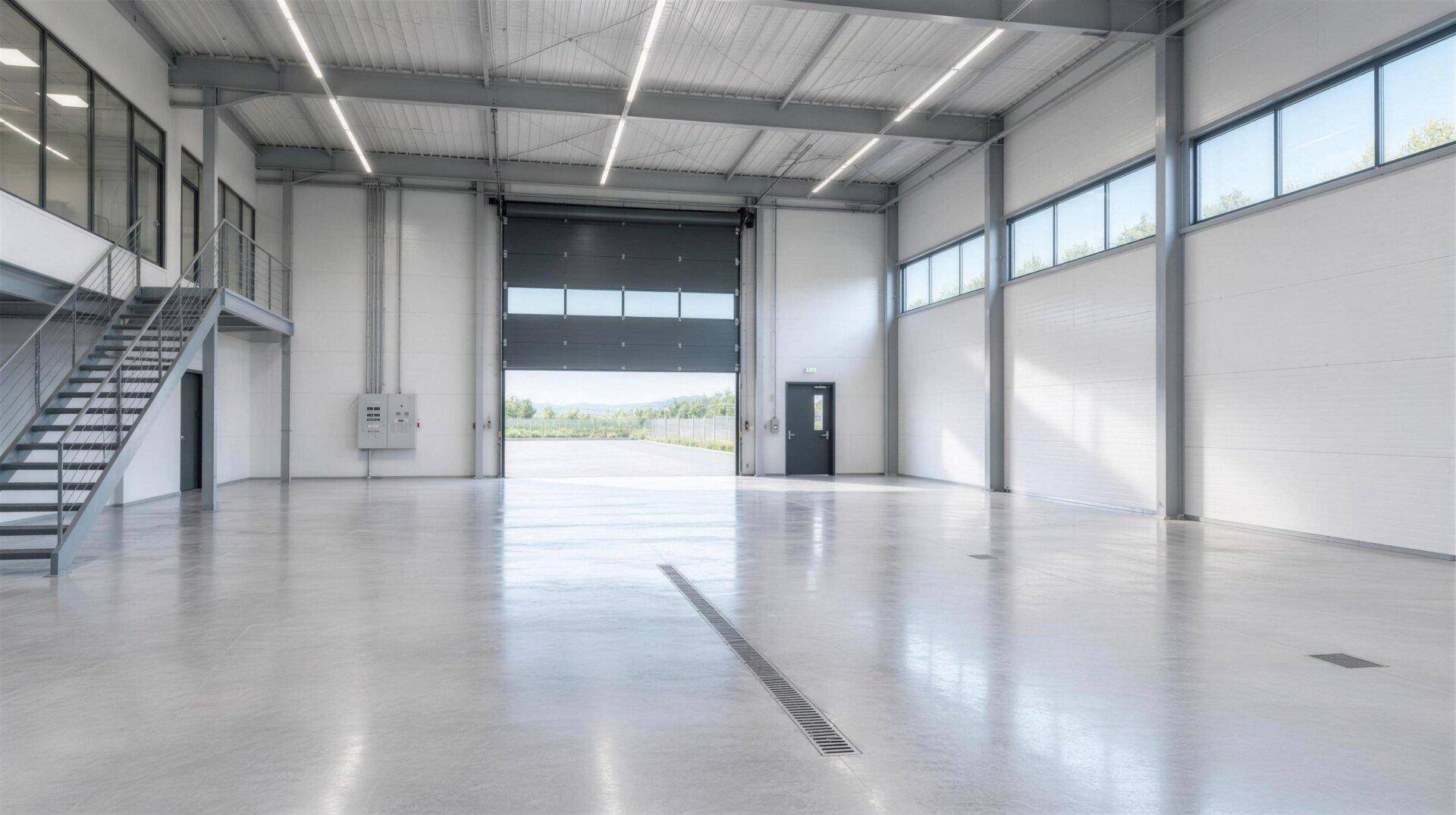 Geräumige, leere Lagerhalle mit hohen Decken, Betonboden und großem Rolltor, bereit zur Nutzung.