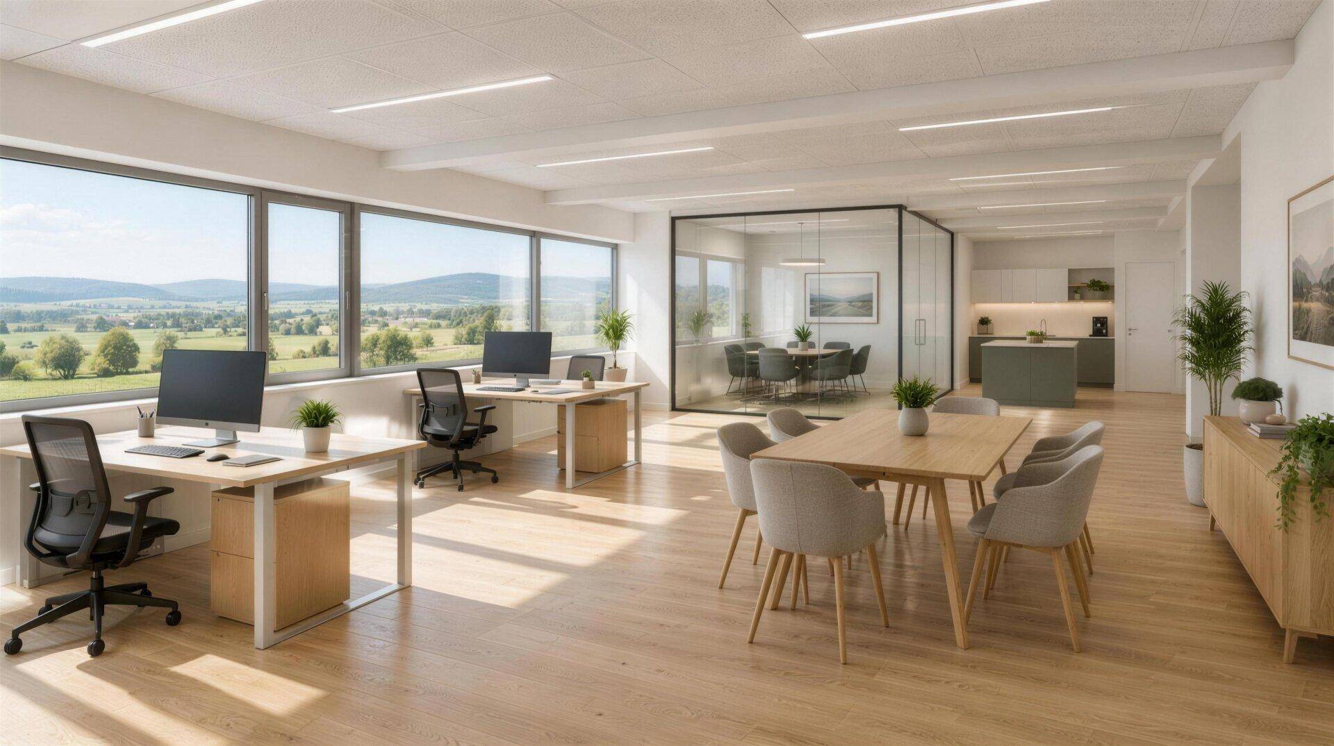 Helles, offenes Büro mit modernen Arbeitsplätzen, Besprechungsbereich und Küchenzeile, mit weitem Grünblick.