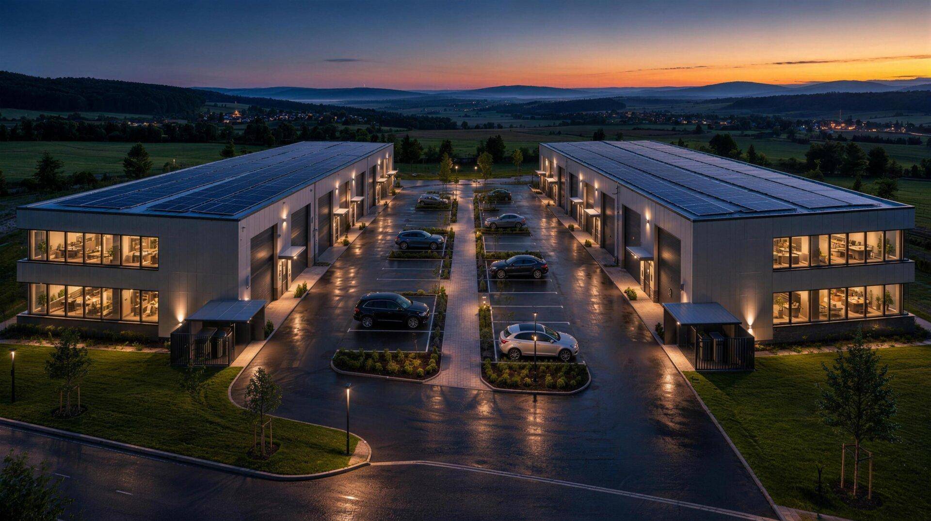 Nachtaufnahme der beleuchteten Geschäftsgebäude mit Parkplatz, eingebettet in die dunkle Landschaft bei Sonnenuntergang.