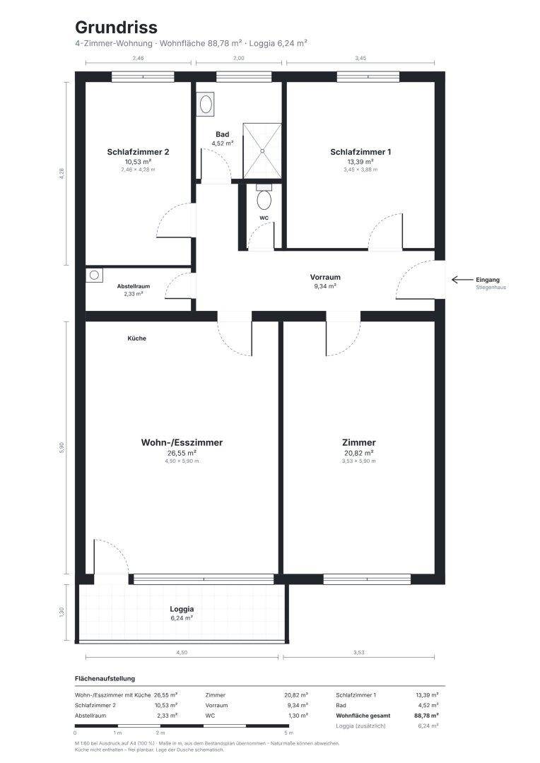 Grundriss einer 4-Zimmer-Wohnung mit Loggia, zwei Schlafzimmern und offenem Wohn-Essbereich.