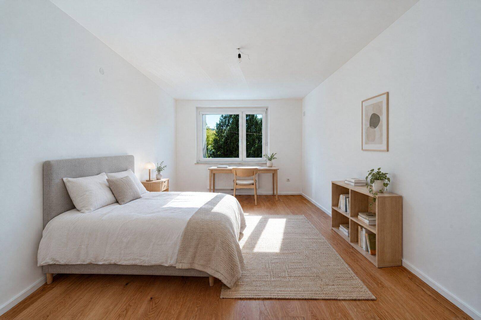 Virtuell möbliertes Schlafzimmer mit Doppelbett, Schreibtisch und Bücherregal, hell und modern eingerichtet.
