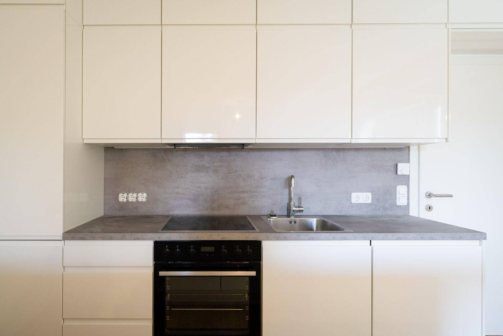 Detailansicht der modernen Einbauküche mit Spüle, Induktionskochfeld und Backofen.