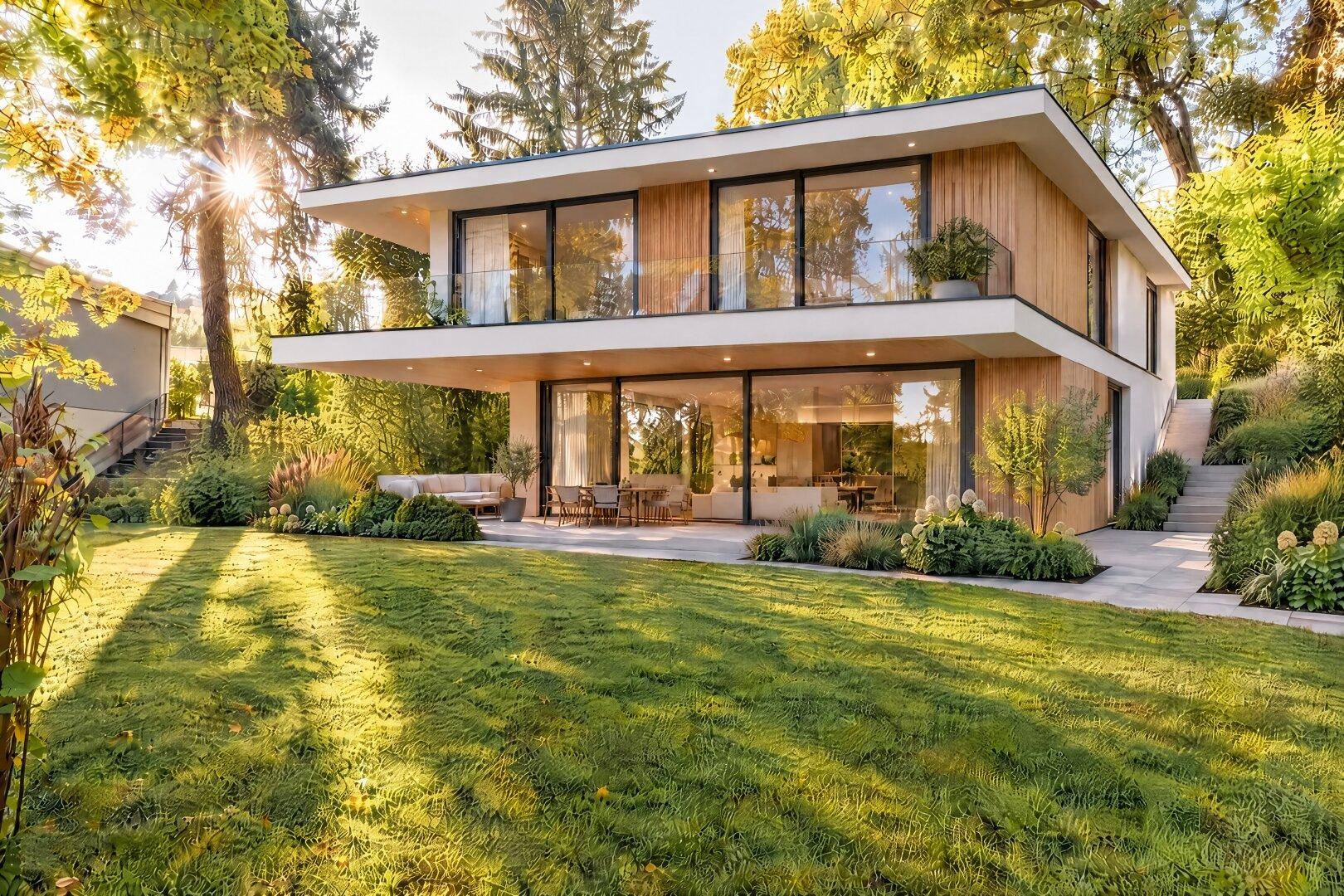 Modernes Architektenhaus mit großen Glasfronten, Holzverkleidung und weitläufigem Rasenbereich in sonniger Lage.